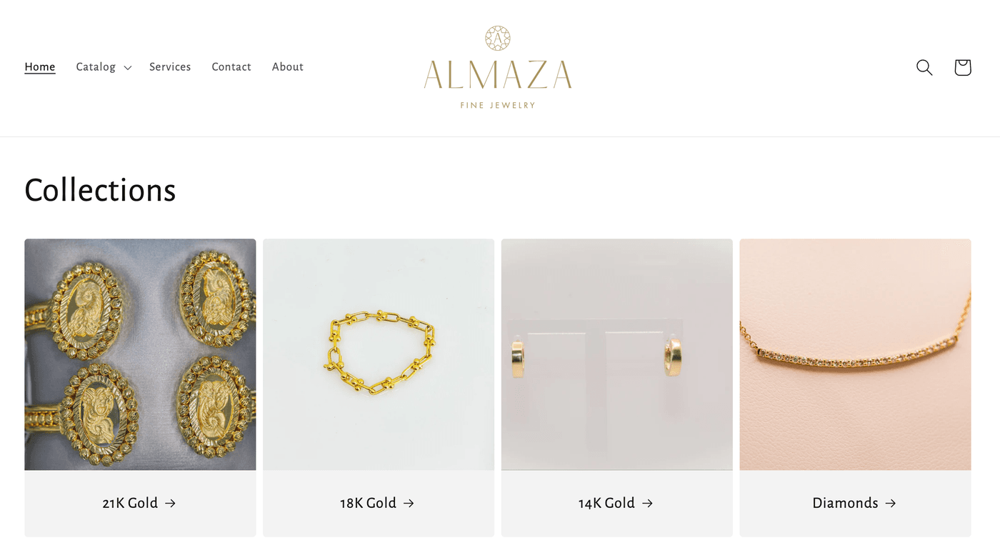 Almaza Fine Jewelry Shopify storefront showing 21K, 18K and 14K gold collections