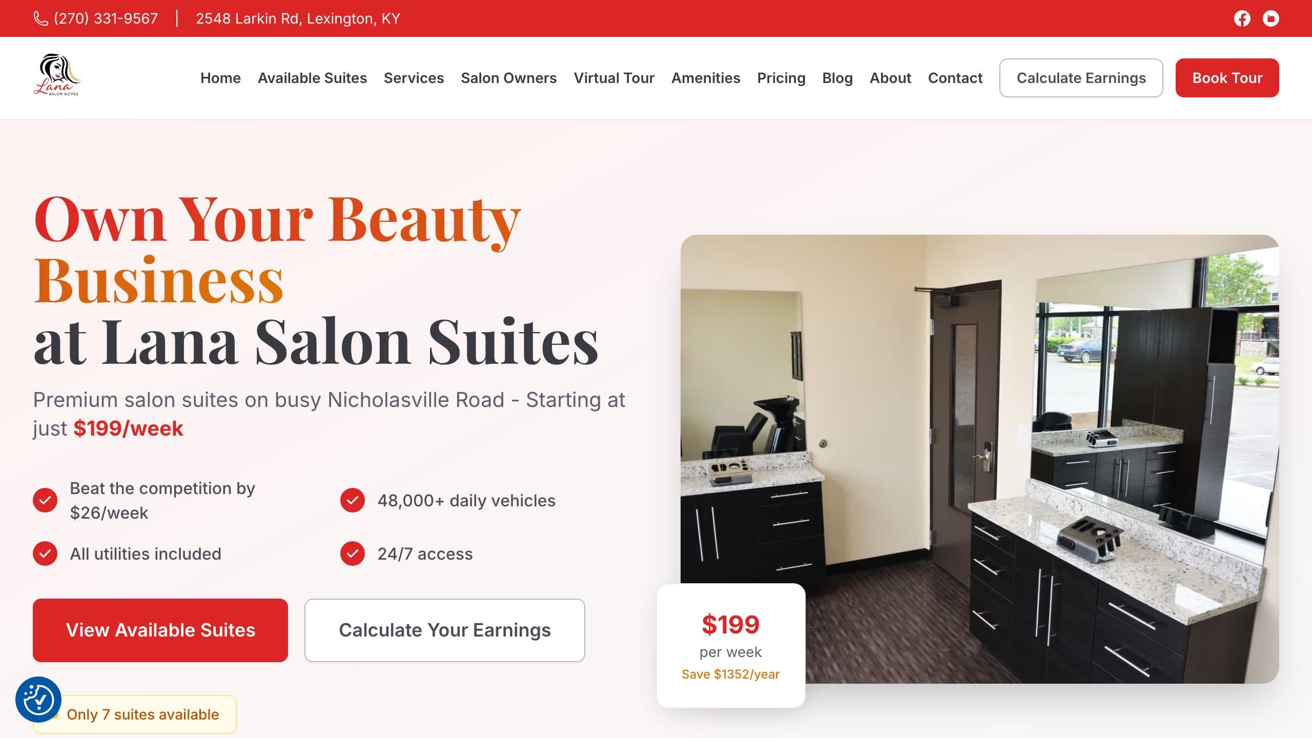 Lana Salon Suites homepage: "Own Your Beauty Business at Lana Salon Suites", suites from $199 a week, beside a photo of a salon suite